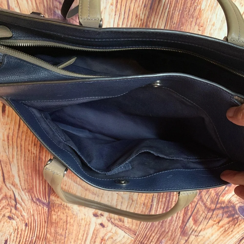 Tumi Pavia Satchel Bag Two Tone Navy Taupe Travel Laptop Tote. Embossed
